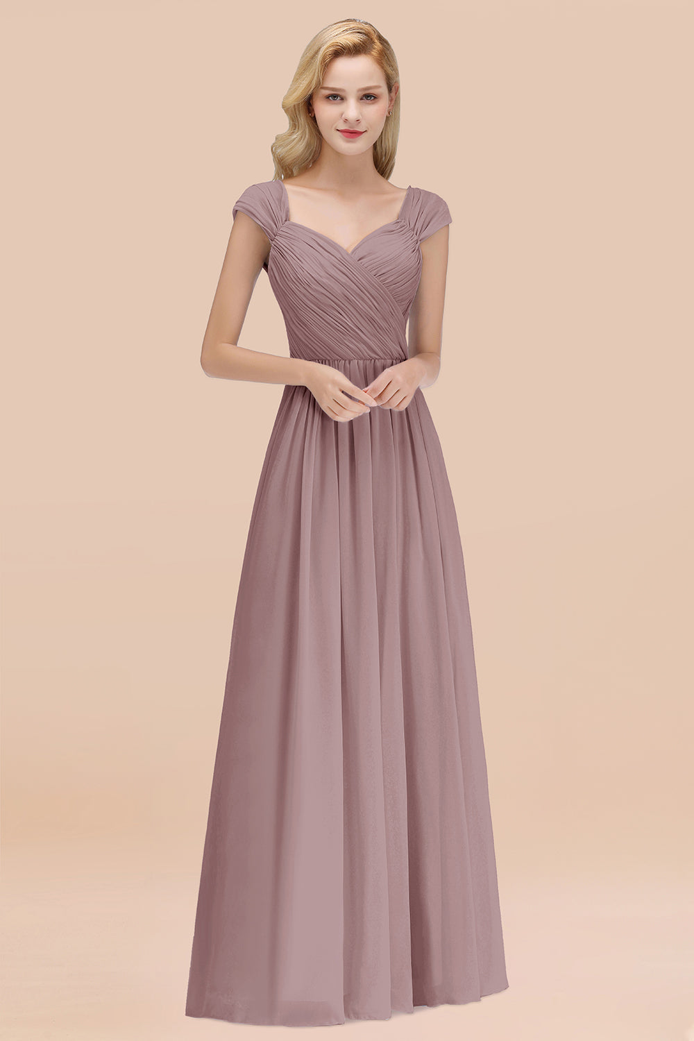 A-Line Chiffon Straps Sweetheart Sleeveless Floor Length Bridesmaid Dress with Ruffles
