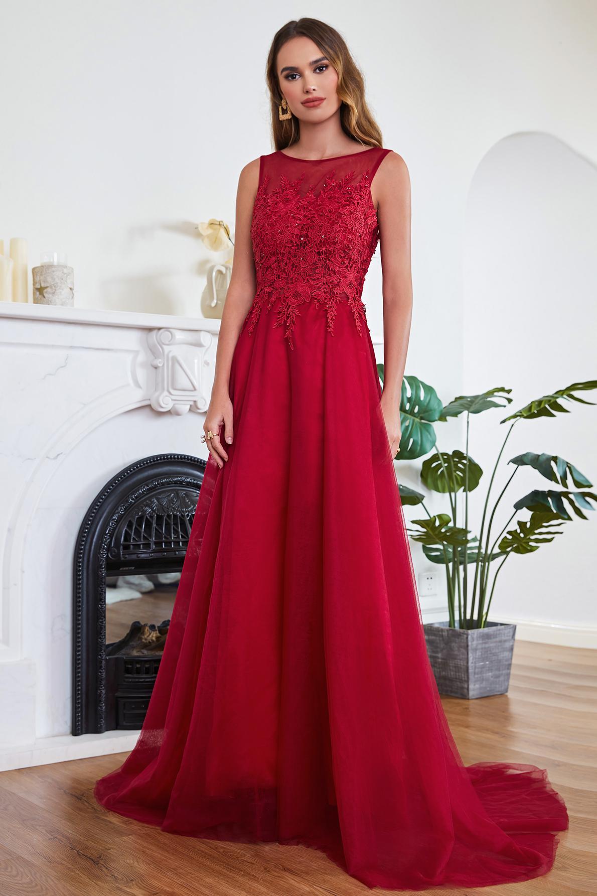 A-line Long Sleeveless Scoop Neck Tulle Lace Appliques Formal Evening Dress