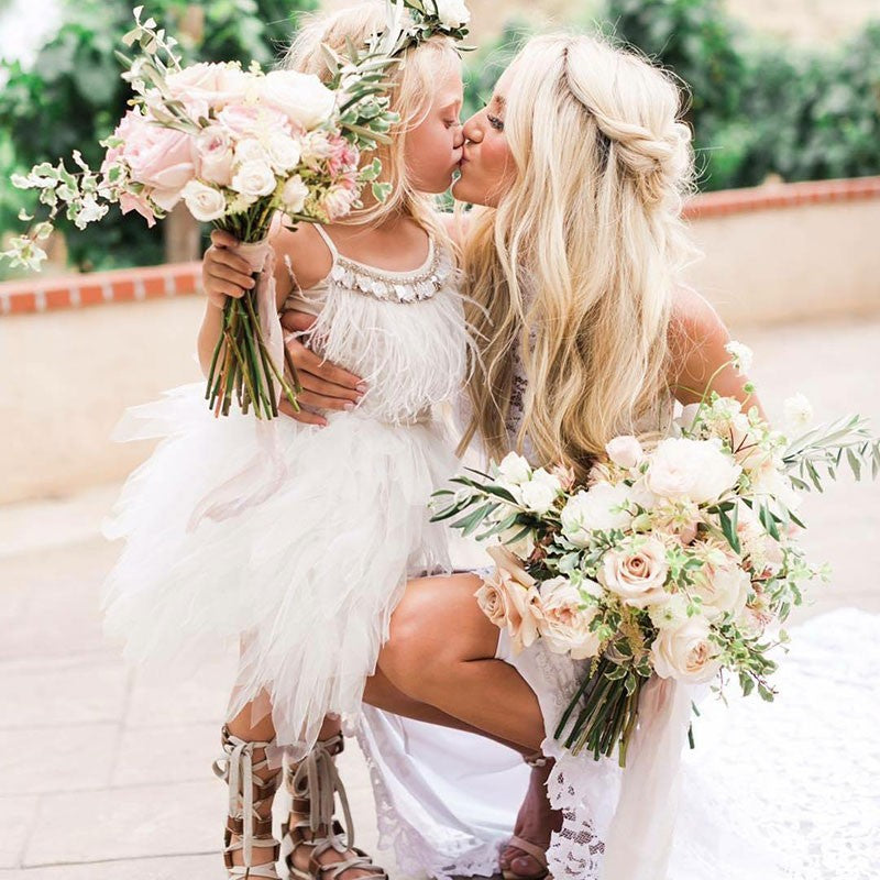 Cute A-line Tea Length Spaghetti Straps Feather Flower Girl Dresses