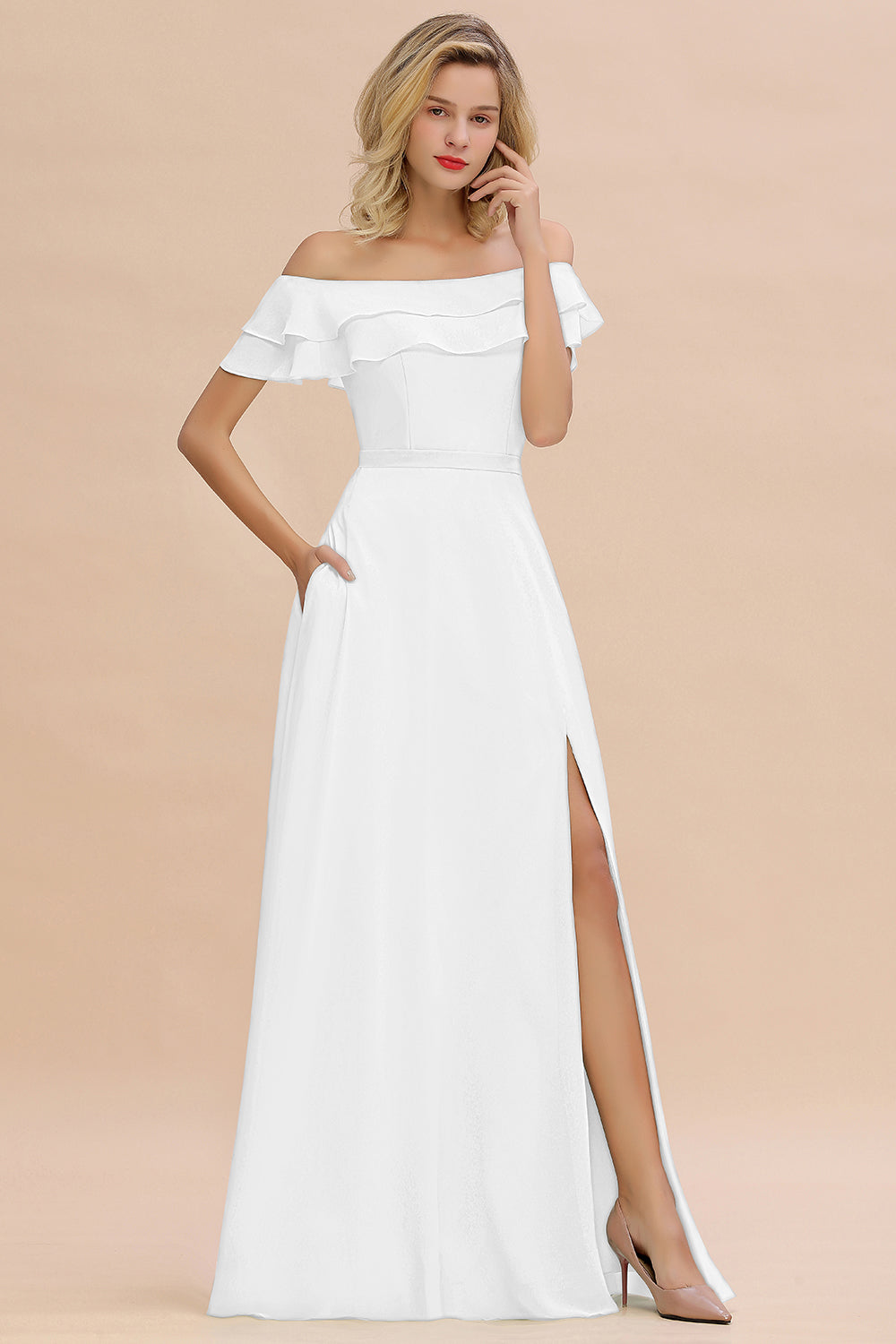 Off the Shoulder Front Slit Mint Green Long Bridesmaid Dress