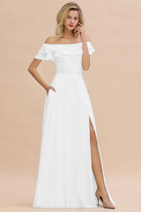 Off the Shoulder Front Slit Mint Green Long Bridesmaid Dress