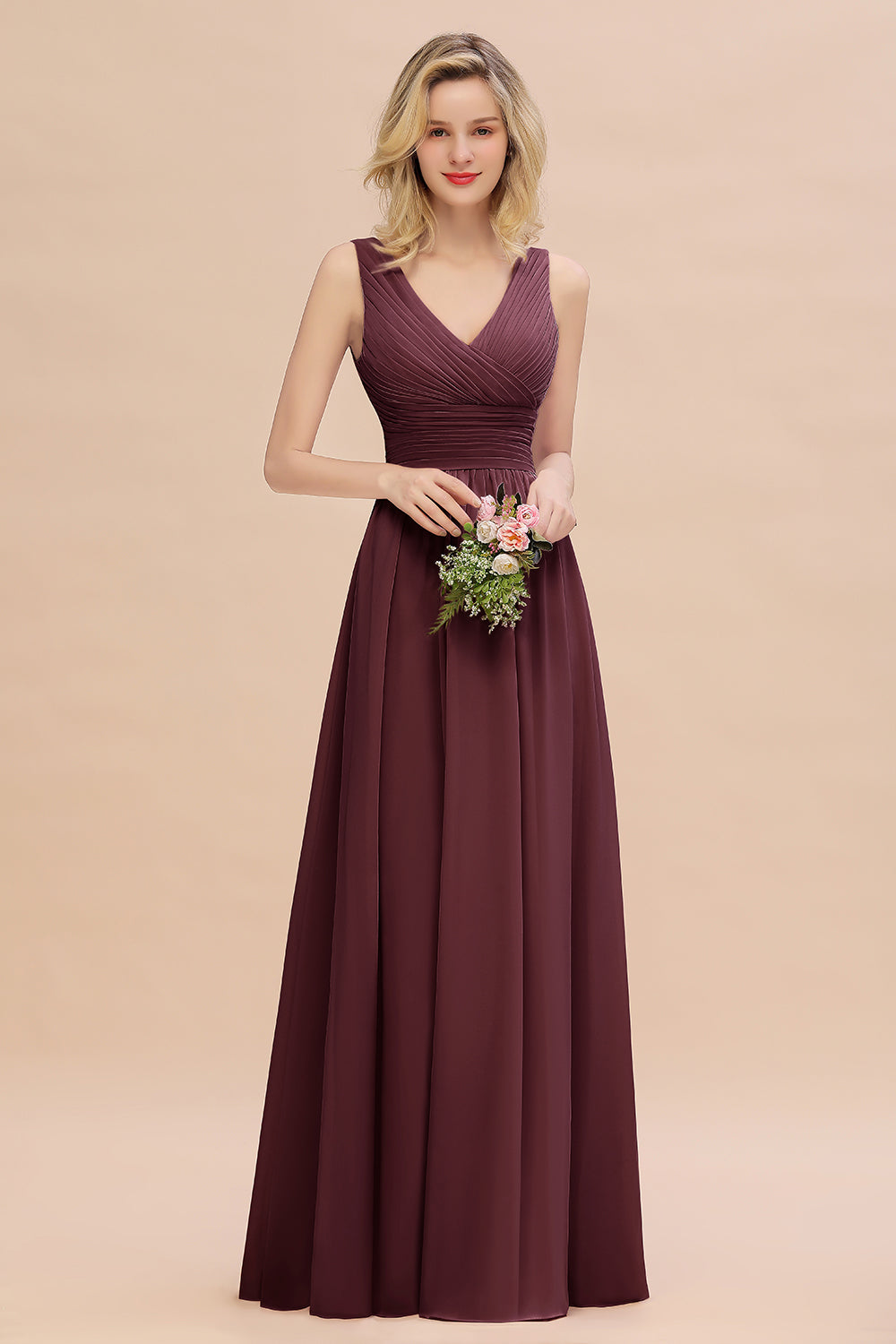 Elegant A-line V-Neck Ruffles Long Bridesmaid Dress
