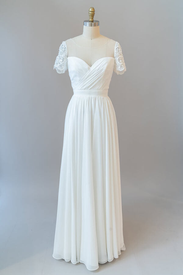 Long Sweetheart Ruffle Chiffon A-line Wedding Dress with Short Sleeve