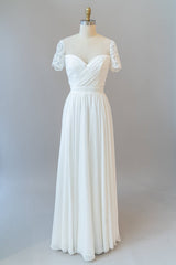 Long Sweetheart Ruffle Chiffon A-line Wedding Dress with Short Sleeve