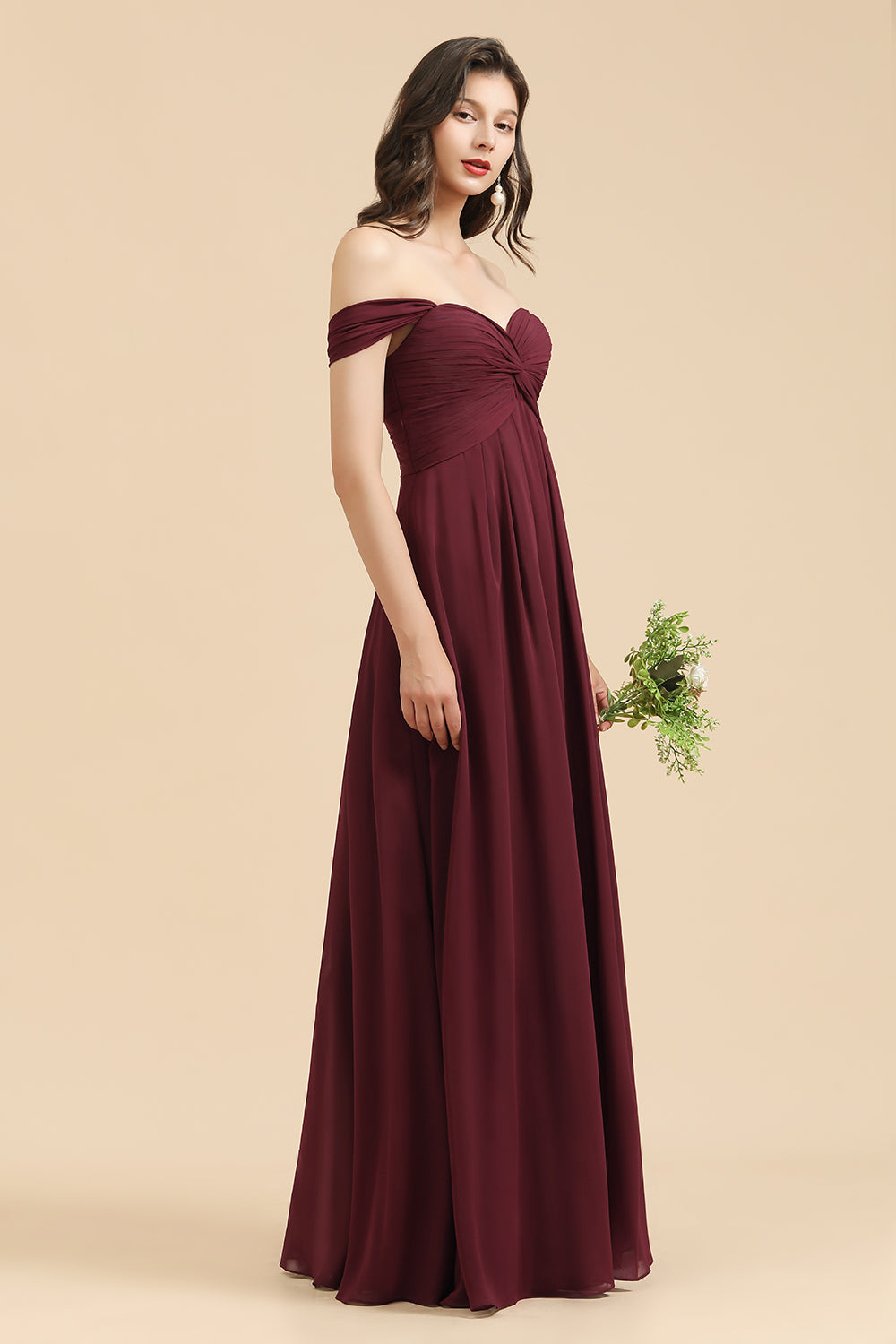 Burgundy Long A-line Off the Shoulder Chiffon Wedding Guest Dress