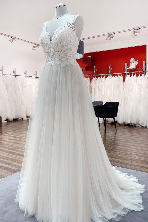Long A-line Tulle V Neck Open Back Wedding Dress with Appliques Lace