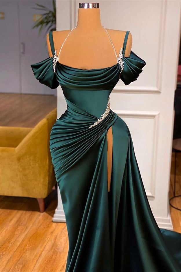 Dark Green Long Mermaid Off the Shoulder Prom Dress with Slit