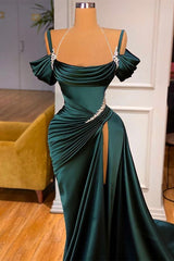 Dark Green Long Mermaid Off the Shoulder Prom Dress with Slit