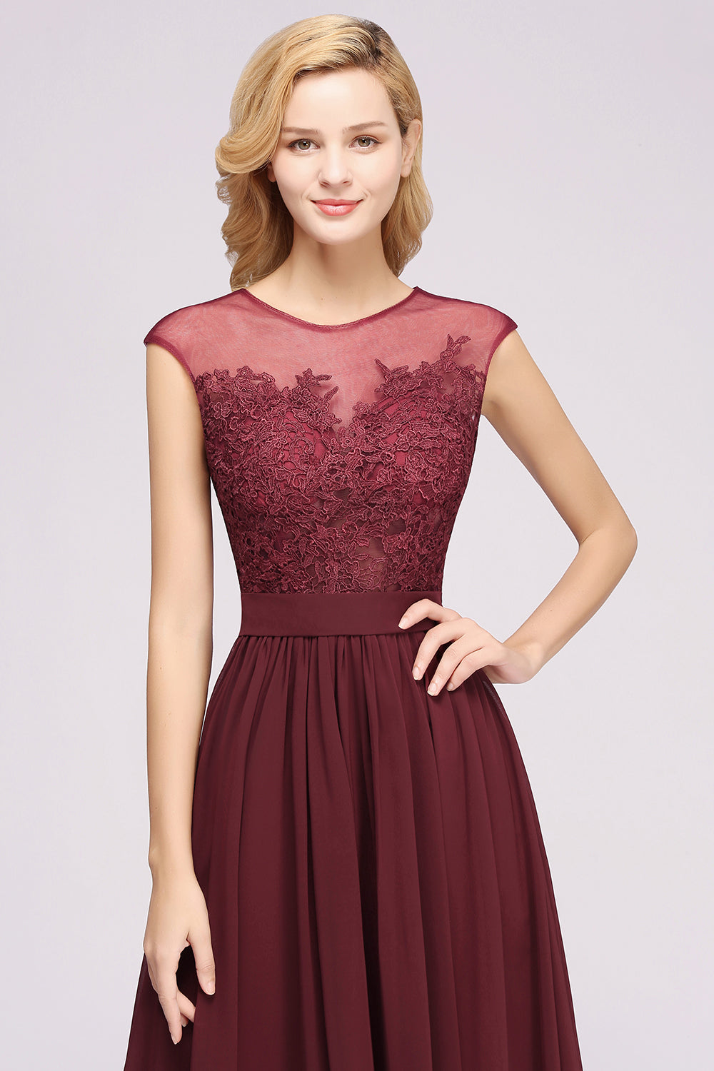 A-line Chiffon Lace Jewel Sleeveless Floor Length Bridesmaid Dresses with Appliques