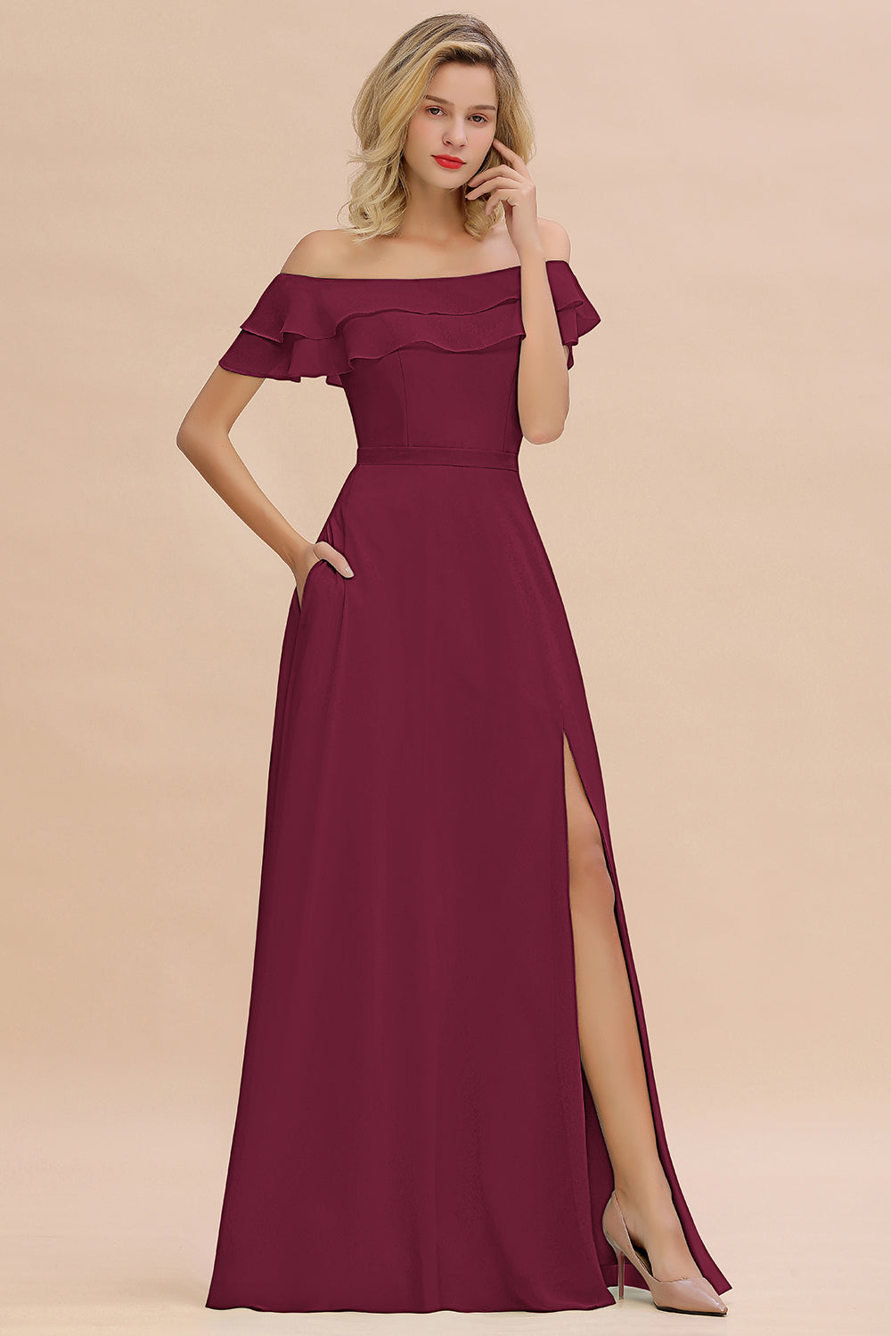 Off the Shoulder Front Slit Mint Green Long Bridesmaid Dress