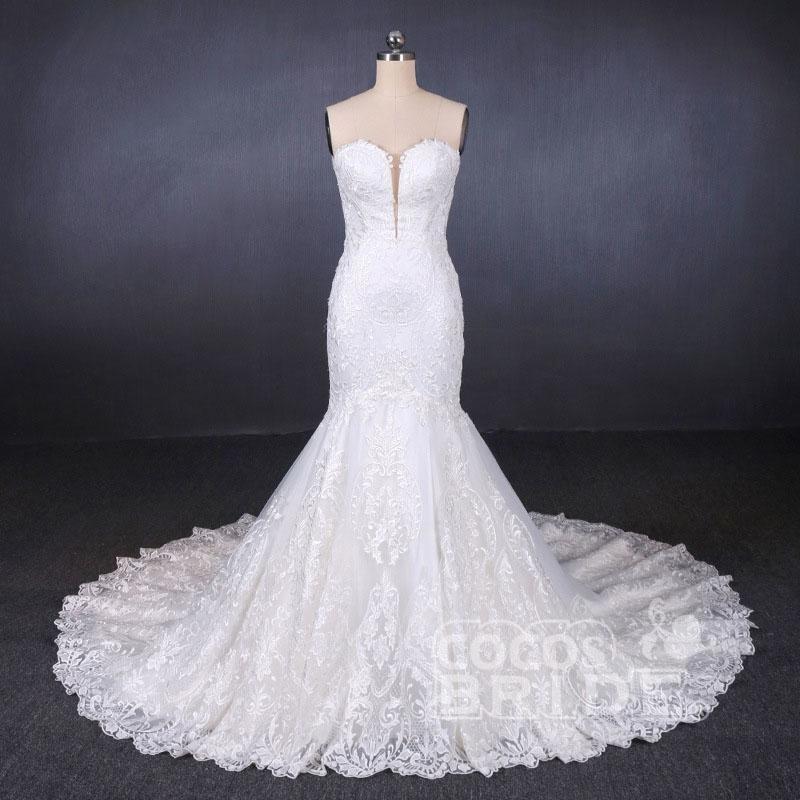 Sweetheart Long Strapless Mermaid Lace Wedding Dress