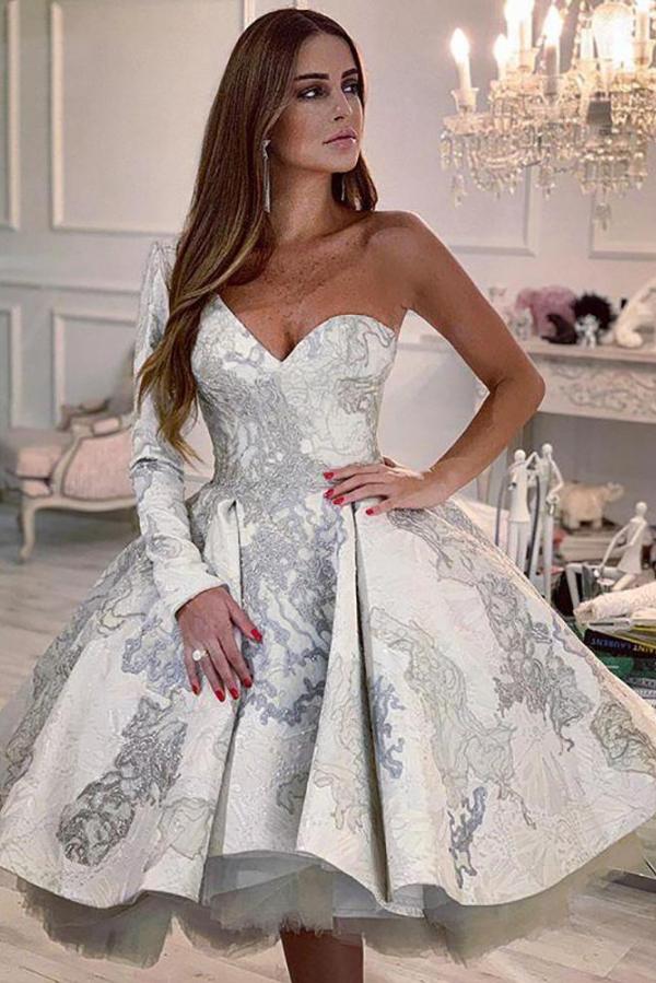 Stylish Short A-line One Shoulder Floral Pattern Wedding Dress with sleeves