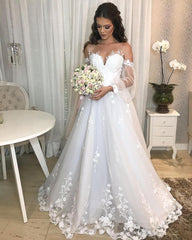 Elegant Long A-line Princess Off the Shoulder Tulle Wedding Dress with Bubble Sleeves