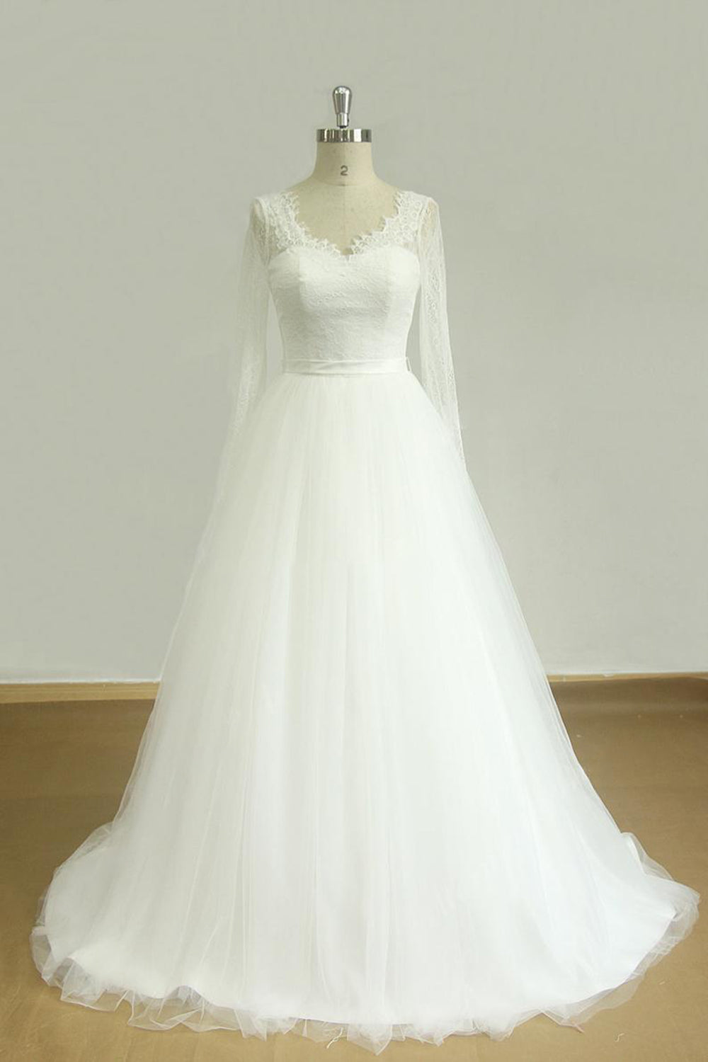 Elegant Long A-line V-neck Lace Tulle Backless Wedding Dress with Sleeves