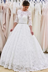 White Long A-line Lace Backless Wedding Dress with Sleeves