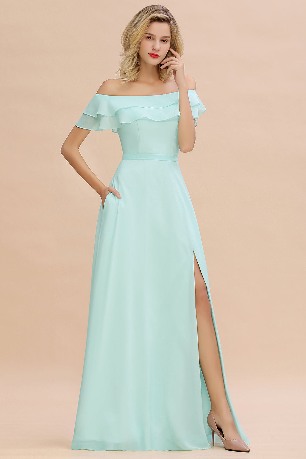 Off the Shoulder Front Slit Mint Green Long Bridesmaid Dress