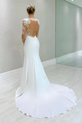 White Long Mermaid Satin Lace Wedding Dress with Floral Lace Sleeves