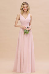 Elegant A-line V-Neck Ruffles Long Bridesmaid Dress