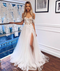 White Long A Line Lace Off The Shoulder Tulle Lace Boho Wedding Dress