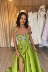Long A-Line Spaghetti Straps Ruffled Satin Prom Dress with Front Split