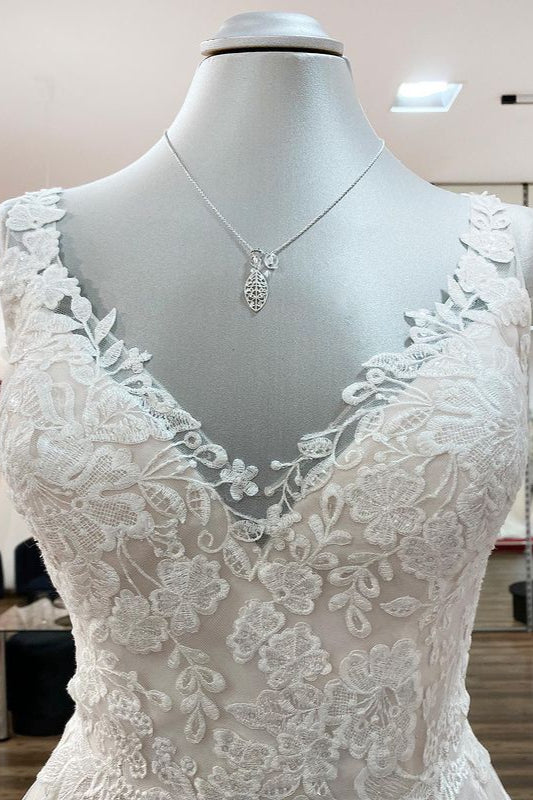 Elegant Long A-line Tulle V Neck Lace Ruffles Open Back Wedding Dresses