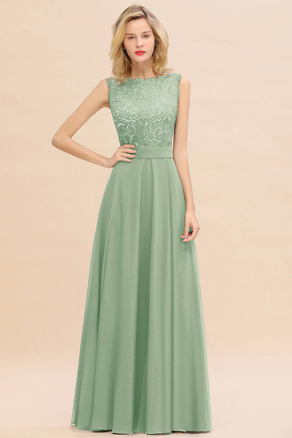 Long A-line Chiffon Lace Sleeveless Bridesmaid Dresses