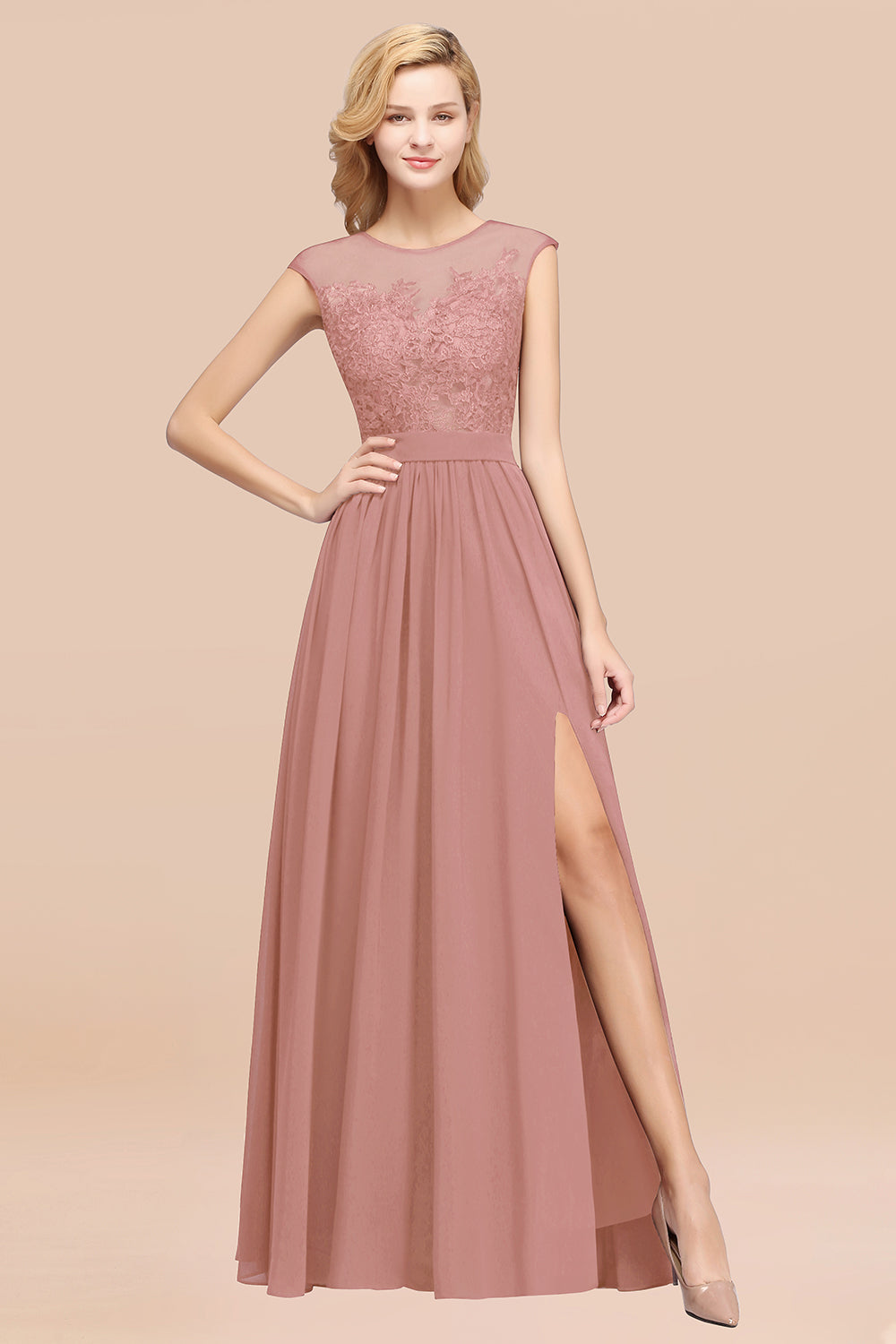 A-line Chiffon Lace Jewel Sleeveless Floor Length Bridesmaid Dresses with Appliques