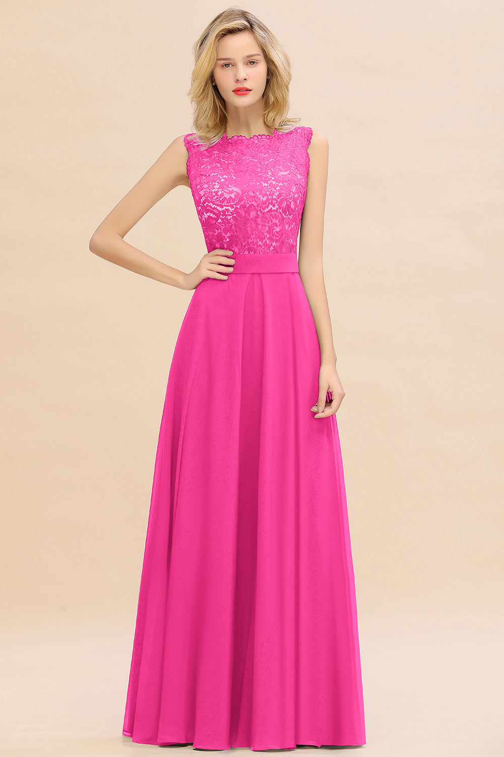 Long A-line Chiffon Lace Sleeveless Bridesmaid Dresses