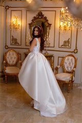 Chic White High Low A-line V-neck Satin Lace Wedding Dress