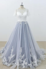 Long Appliques Lace Tulle A-line Wedding Dress es with Short Sleeve