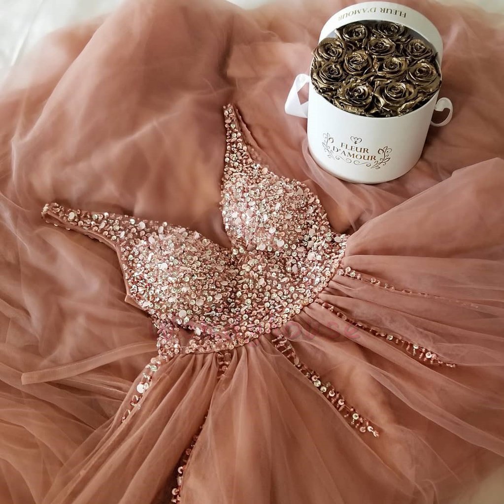 Chic Long V-neck Tulle Beaded A-line Prom Dress
