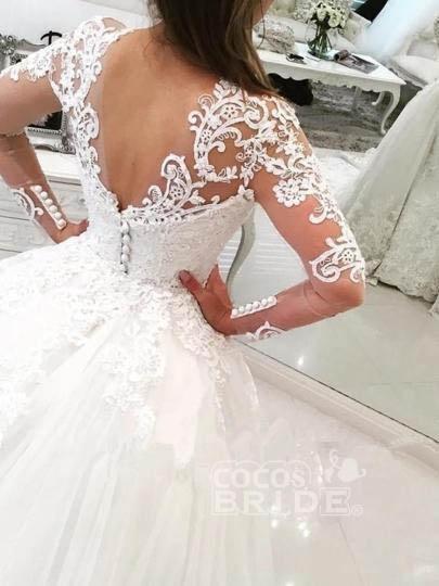 Gorgeous Ivory V-Neck Long Sleeves Ball Gown Appliques Watteau Train Wedding Dress