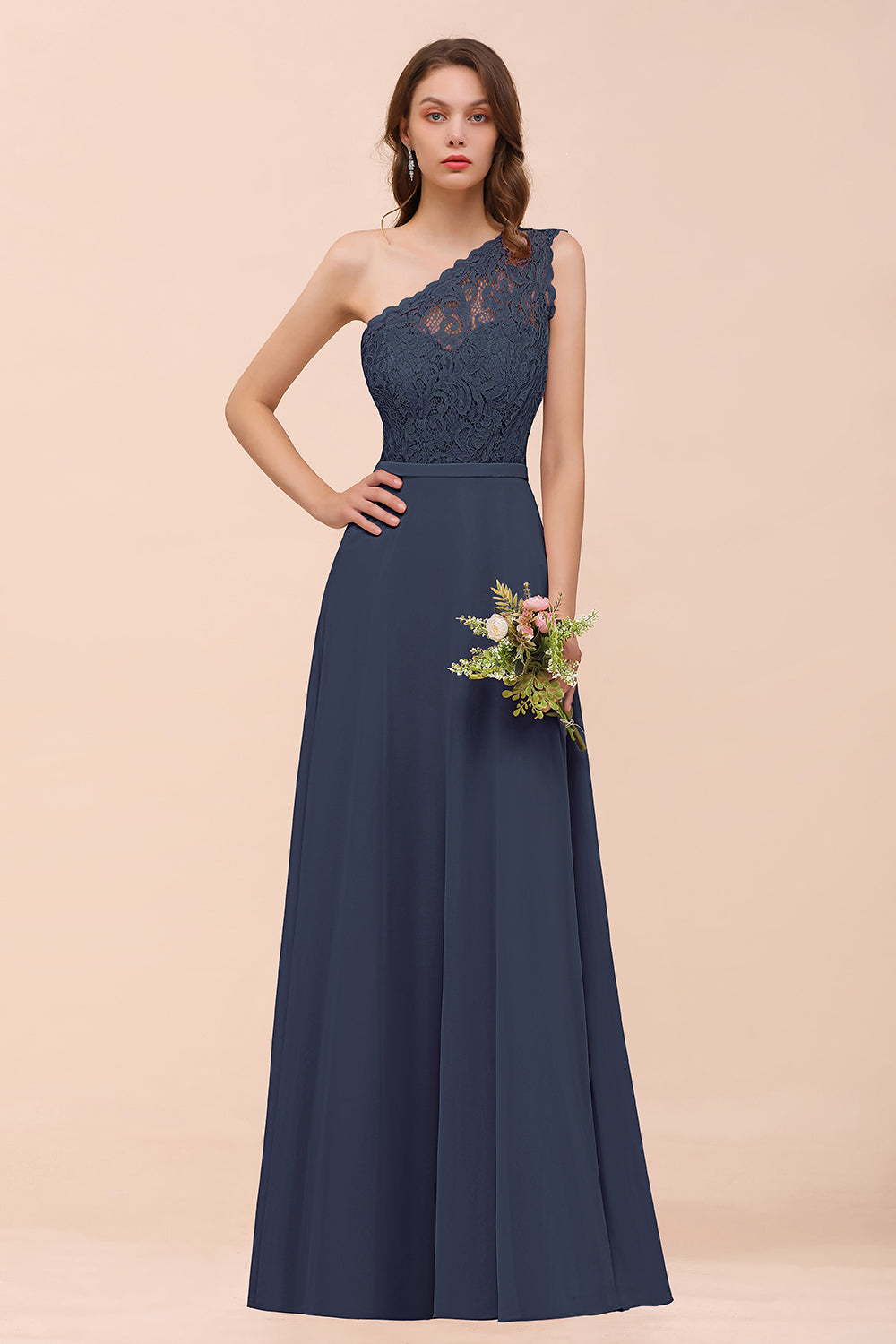 Classy One Shoulder Appliques Lace Floor Length A-Line Chiffon Bridesmaid Dress