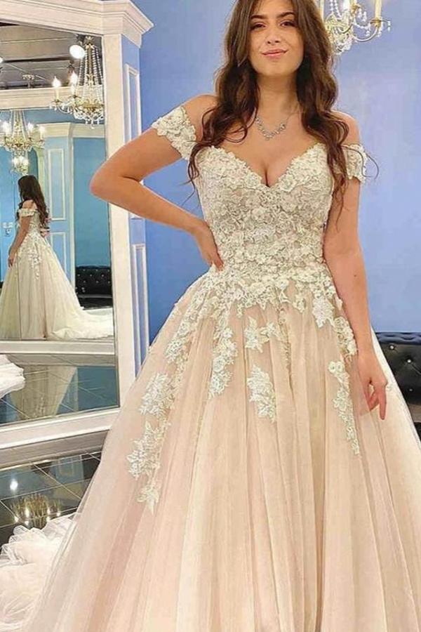 Modest Long A-line Off the Shoulder Tulle Lace Wedding Dress