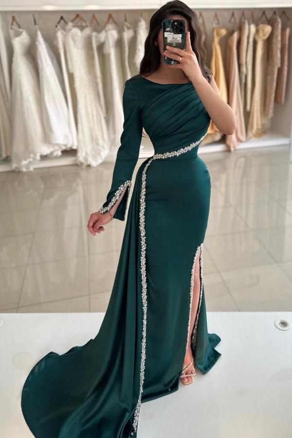 Mermaid One Shoulder Long Sleeve Formal Dress with Side Split