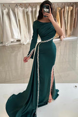 Mermaid One Shoulder Long Sleeve Formal Dress with Side Split
