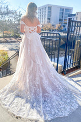Long Off the Shoulder Sweetheart A-line Tulle Appliques Lace Train Wedding Dress