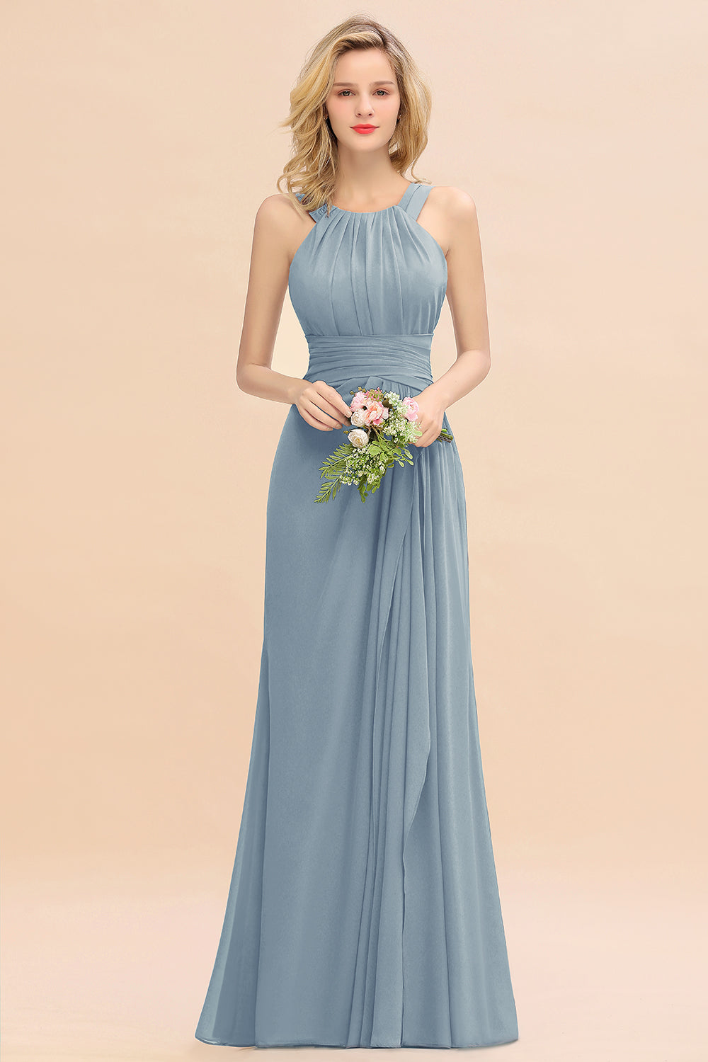 Long A-line Halter Chiffon Backless Floor Length Bridesmaid Dresses