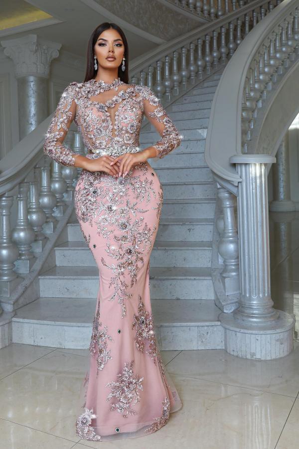 Long Sleeves Satin Mermaid Floor Length Prom Dress with Detachable Train