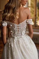Charming Long A-line Off the Shoulder Glitter Tulle Lace Wedding Dress