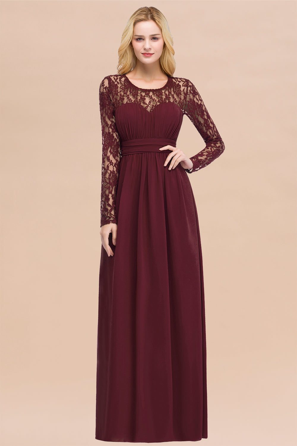 Elegant A-Line Chiffon Jewel Long Sleeves Ruffles Floor Length Bridesmaid Dresses