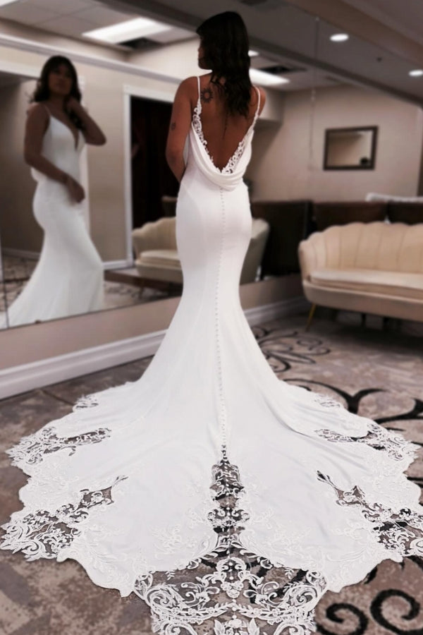 Mermaid Spaghetti Straps Open Back Sweetheart Satin Long Wedding Dresses