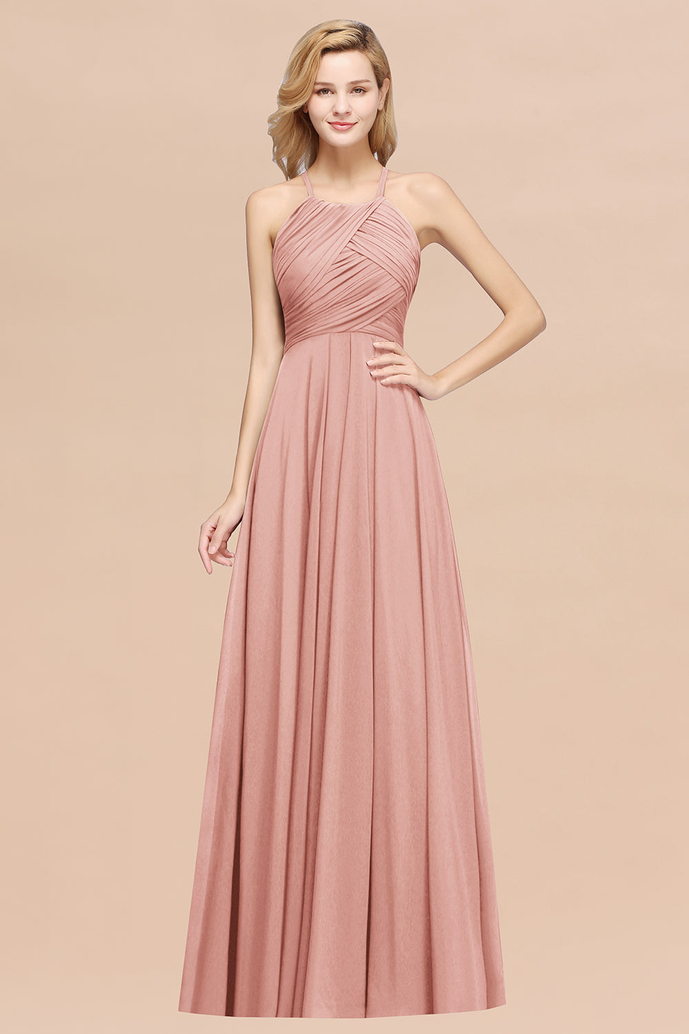 A-Line Chiffon Halter Ruffles Floor Length Bridesmaid Dress