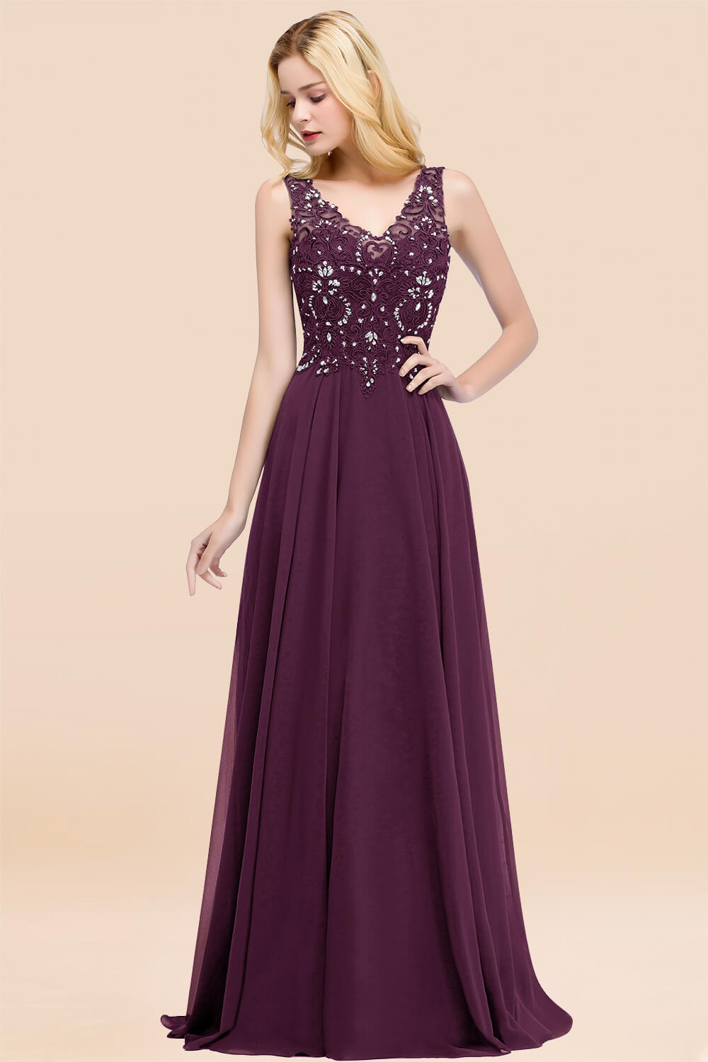 A-line Chiffon Appliques V-neck Sleeveless Floor Length Bridesmaid Dresses with Crystals