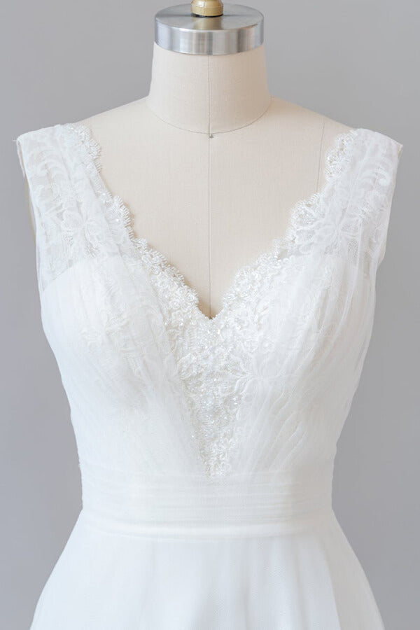 Long Ruffle V-neck Lace Tulle A-line Wedding Dress