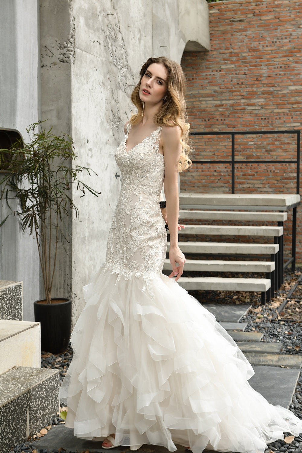 Ivory Long Mermaid Sweetheart Floral Lace Floor Length Wedding Dresses