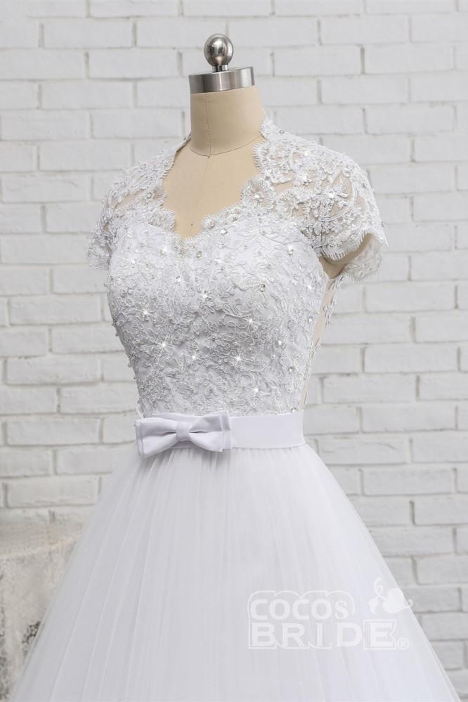 Elegant Long A-line Sweetheart Lace Beaded Tulle Wedding Dresses with Short Sleeves