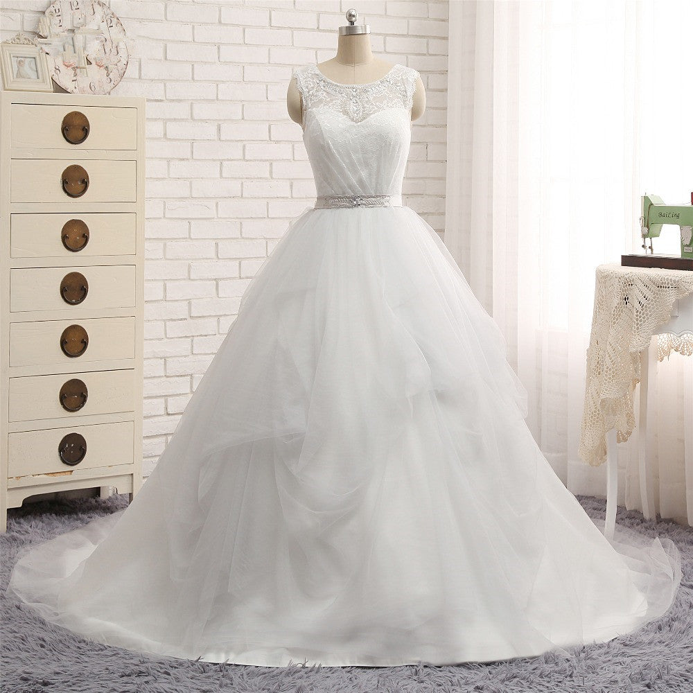 Elegant White Long A-line Jewel Tulle Lace Wedding Dress