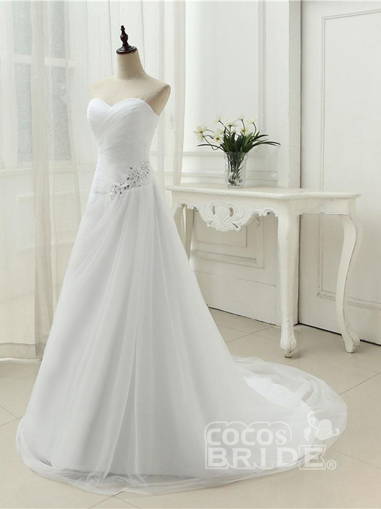 Gorgeous Long A-line Strapless Ruffle Beaded Tulle Wedding Dresses