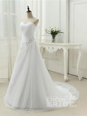 Gorgeous Long A-line Strapless Ruffle Beaded Tulle Wedding Dresses